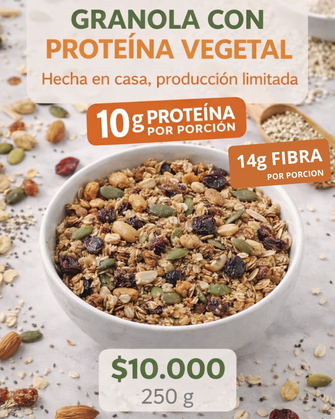 Granola artesanal con proteína vegetal