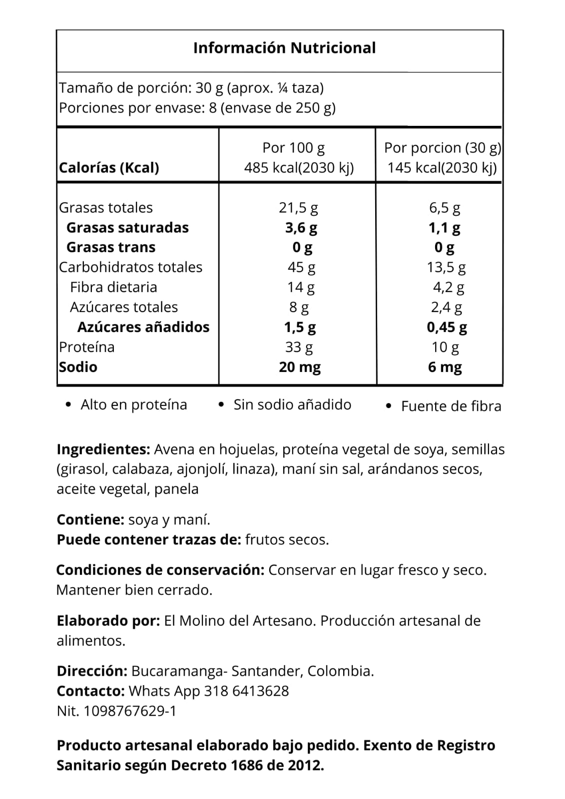 Granola artesanal con proteína vegetal